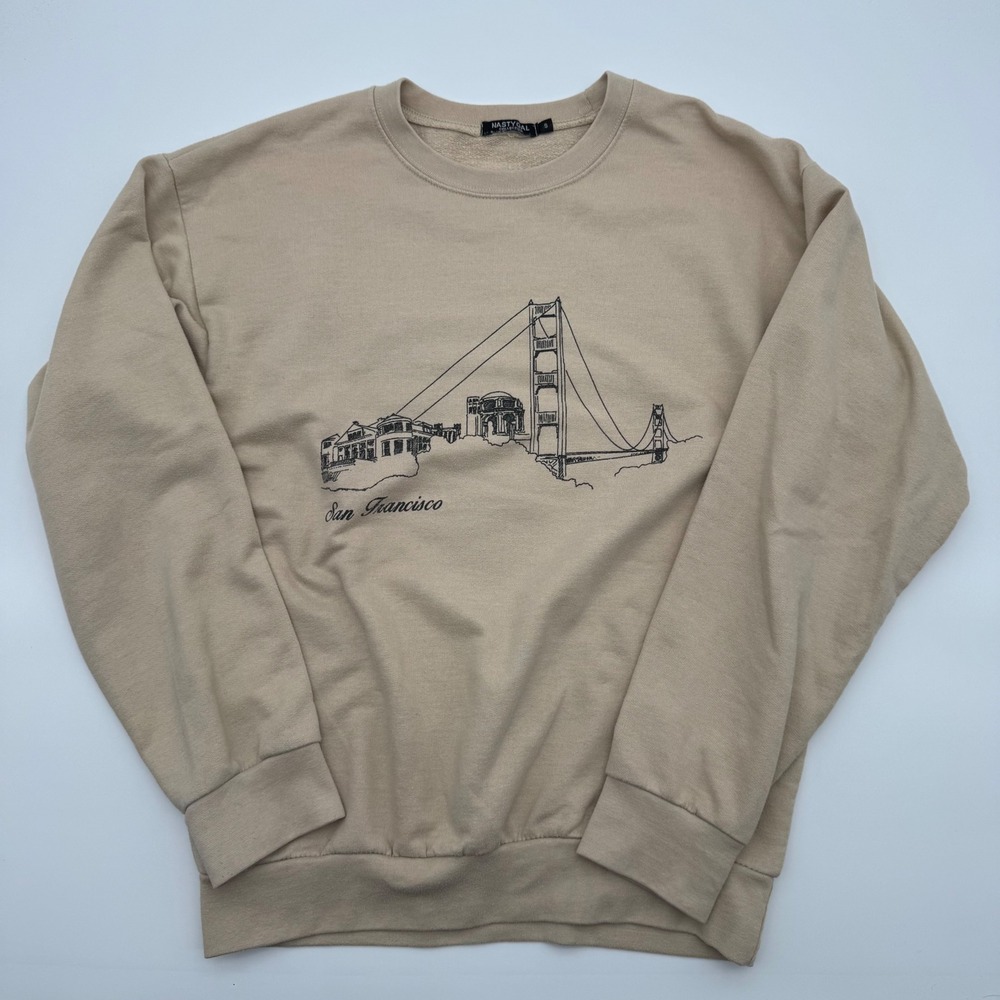 Nasty Gal San Francisco Golden Gate Bridge Graphic Sweatshirt Tan Beige Small